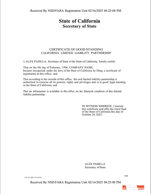 USA California certificate of good standing  Word and PDF template